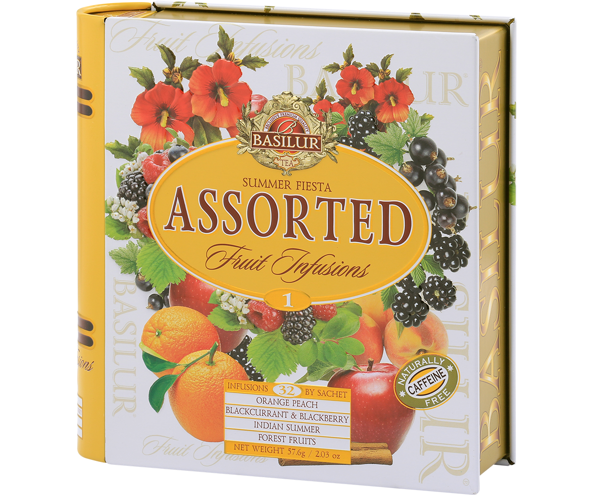 Zestaw Basilur Fruit Infusions 1 zapakowany w ozdobną puszkę w kształcie książki, idealny na prezent.