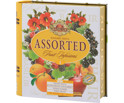 Zestaw Basilur Fruit Infusions 1 zapakowany w ozdobną puszkę w kształcie książki, idealny na prezent.