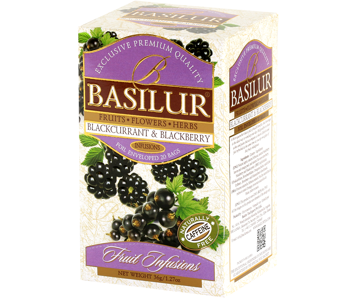 Opakowanie herbaty owocowej Basilur Blackcurrant & Blackberry z widocznym składem.