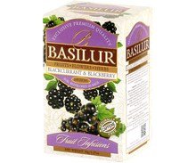 Opakowanie herbaty owocowej Basilur Blackcurrant & Blackberry z widocznym składem.