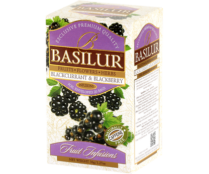 Opakowanie herbaty owocowej Basilur Blackcurrant & Blackberry z widocznym składem.
