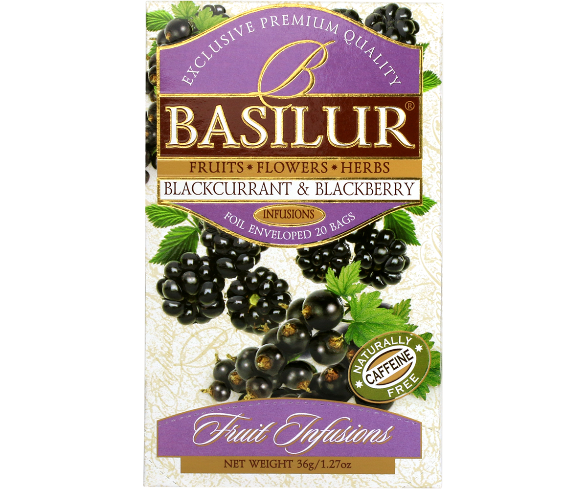 Herbata Basilur Blackcurrant & Blackberry – czarna porzeczka i jeżyna w eleganckim pudełku.