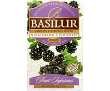 Herbata Basilur Blackcurrant & Blackberry – czarna porzeczka i jeżyna w eleganckim pudełku.