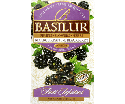Herbata Basilur Blackcurrant & Blackberry – czarna porzeczka i jeżyna w eleganckim pudełku.