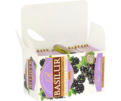 Otwarte opakowanie Basilur Blackcurrant & Blackberry z kopertkami herbat owocowych.