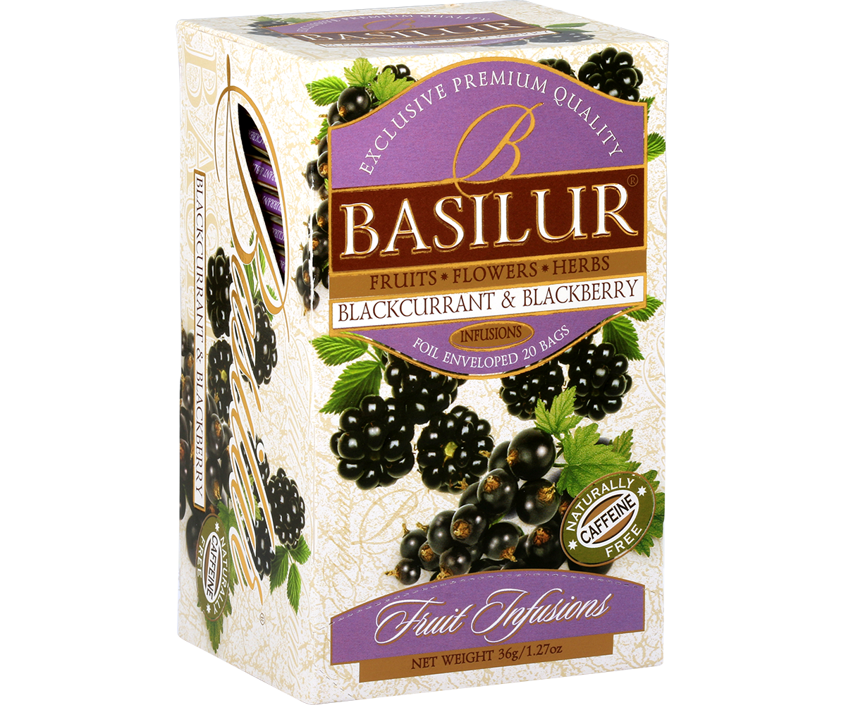 Herbata owocowa Basilur Blackcurrant & Blackberry – piękne pudełko z porzeczkami i jeżynami.