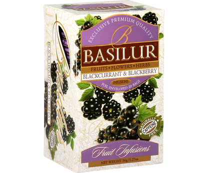 Herbata owocowa Basilur Blackcurrant & Blackberry – piękne pudełko z porzeczkami i jeżynami.