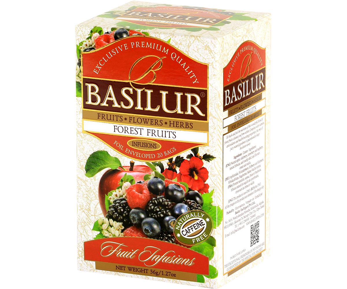 Opakowanie herbaty owocowej Basilur Forest Fruits z widocznym składem i logo.