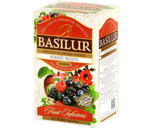 Opakowanie herbaty owocowej Basilur Forest Fruits z widocznym składem i logo.
