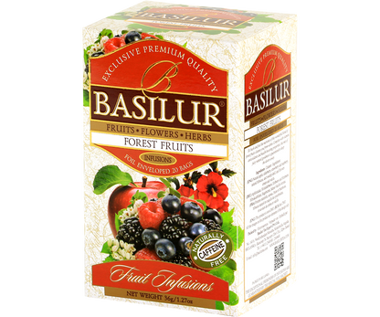 Opakowanie herbaty owocowej Basilur Forest Fruits z widocznym składem i logo.