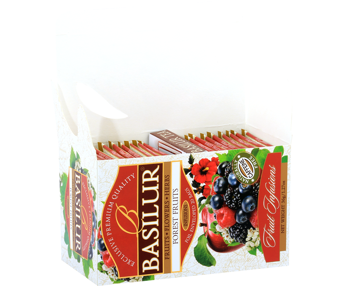 Otwarte opakowanie Basilur Forest Fruits z kopertkami herbat owocowych.