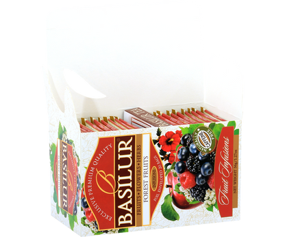 Otwarte opakowanie Basilur Forest Fruits z kopertkami herbat owocowych.