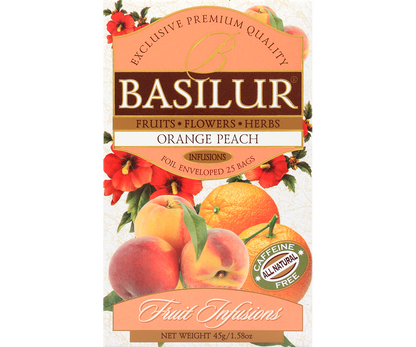 Herbata Basilur Orange Peach – owocowa kompozycja z brzoskwinią i pomarańczą.
