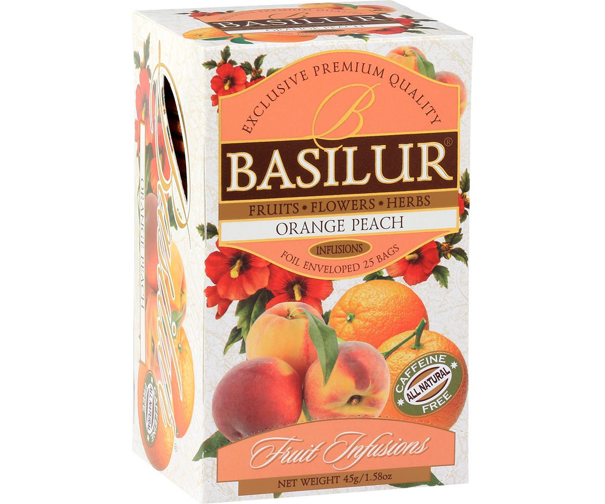 Herbata owocowa Basilur Orange Peach – eleganckie pudełko z grafiką owoców.