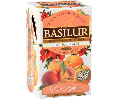 Herbata owocowa Basilur Orange Peach – eleganckie pudełko z grafiką owoców.