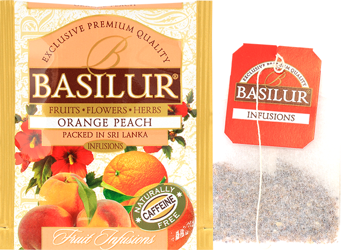 Torebka i kopertka herbaty Basilur Orange Peach – owocowy napar bez kofeiny.