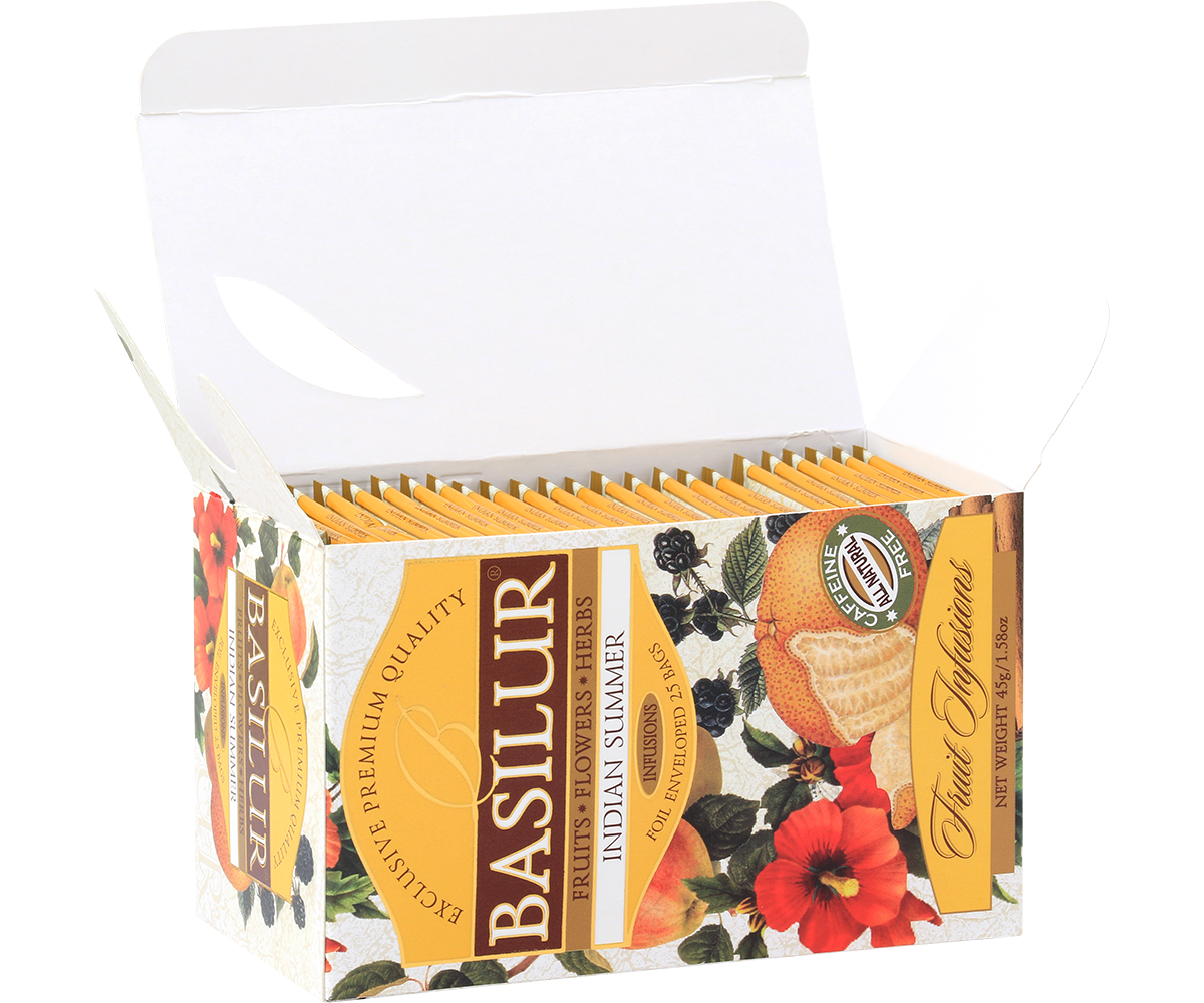 Otwarte opakowanie Basilur Indian Summer z torebkami herbat owocowych.