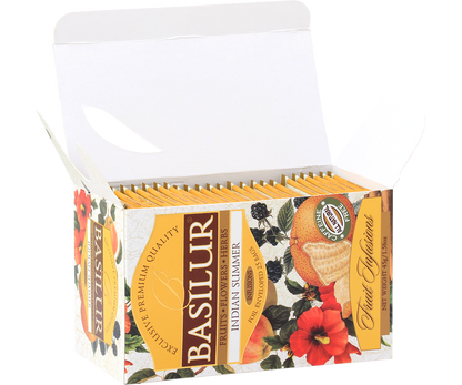 Otwarte opakowanie Basilur Indian Summer z torebkami herbat owocowych.