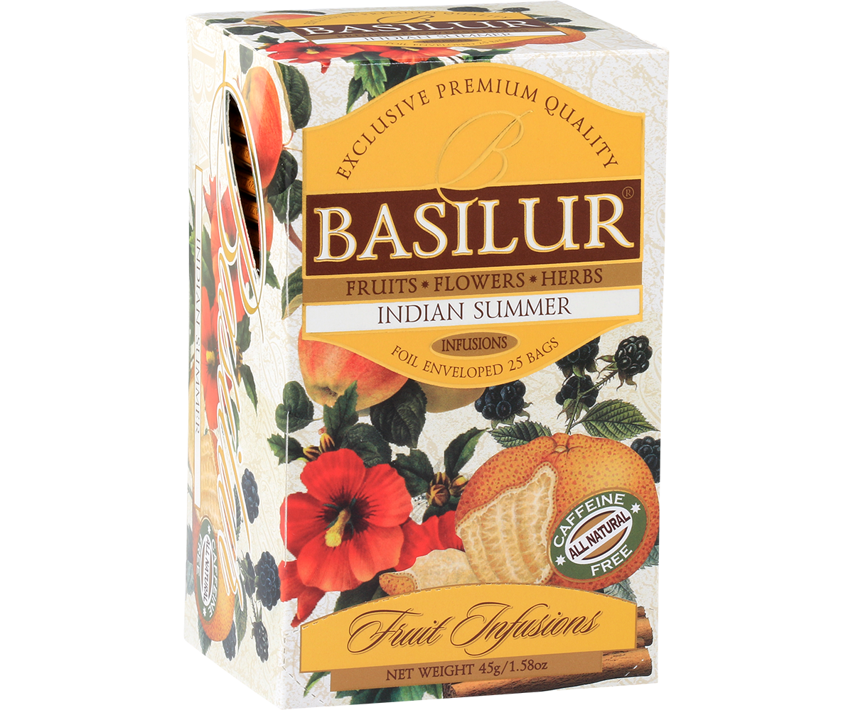 Herbata owocowa Basilur Indian Summer – eleganckie opakowanie z motywem owoców.