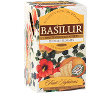 Herbata owocowa Basilur Indian Summer – eleganckie opakowanie z motywem owoców.