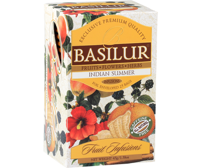 Herbata owocowa Basilur Indian Summer – eleganckie opakowanie z motywem owoców.