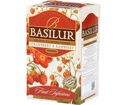 Bok pudełka Basilur Strawberry & Raspberry – skład i opis produktu.