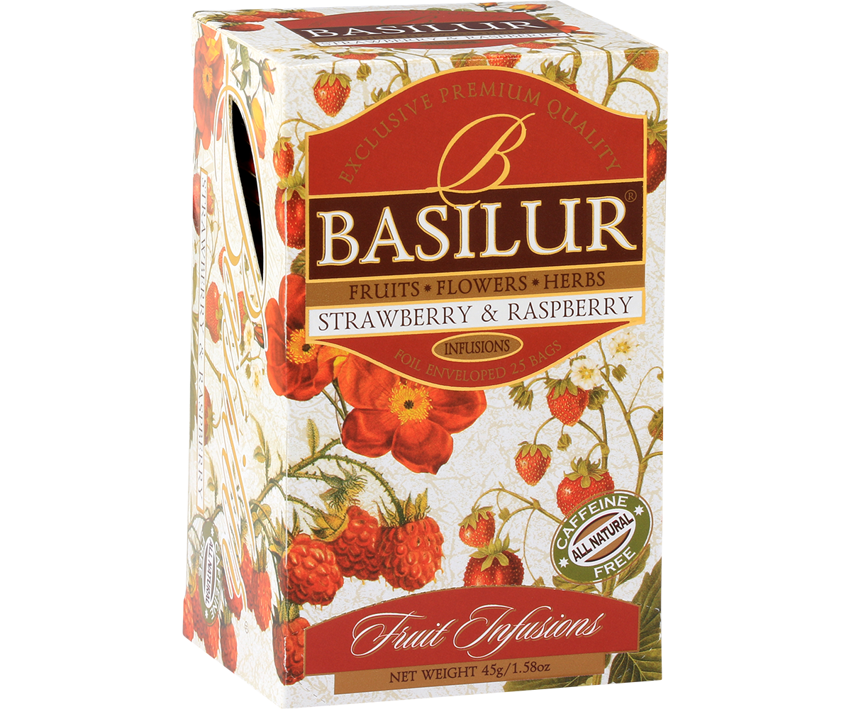 Herbata owocowa Basilur Strawberry & Raspberry – eleganckie opakowanie z truskawkami i malinami.