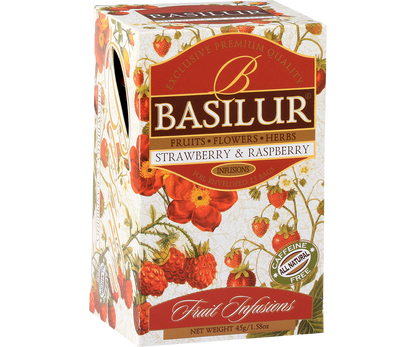 Herbata owocowa Basilur Strawberry & Raspberry – eleganckie opakowanie z truskawkami i malinami.