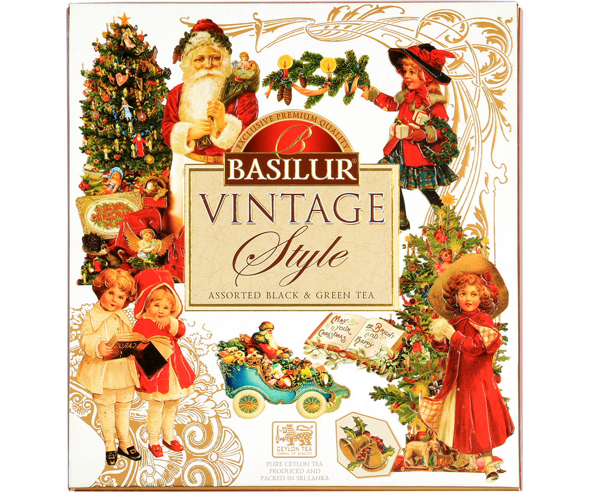 Front opakowania Basilur Vintage Style z wizerunkiem Świętego Mikołaja i dzieci przy choince