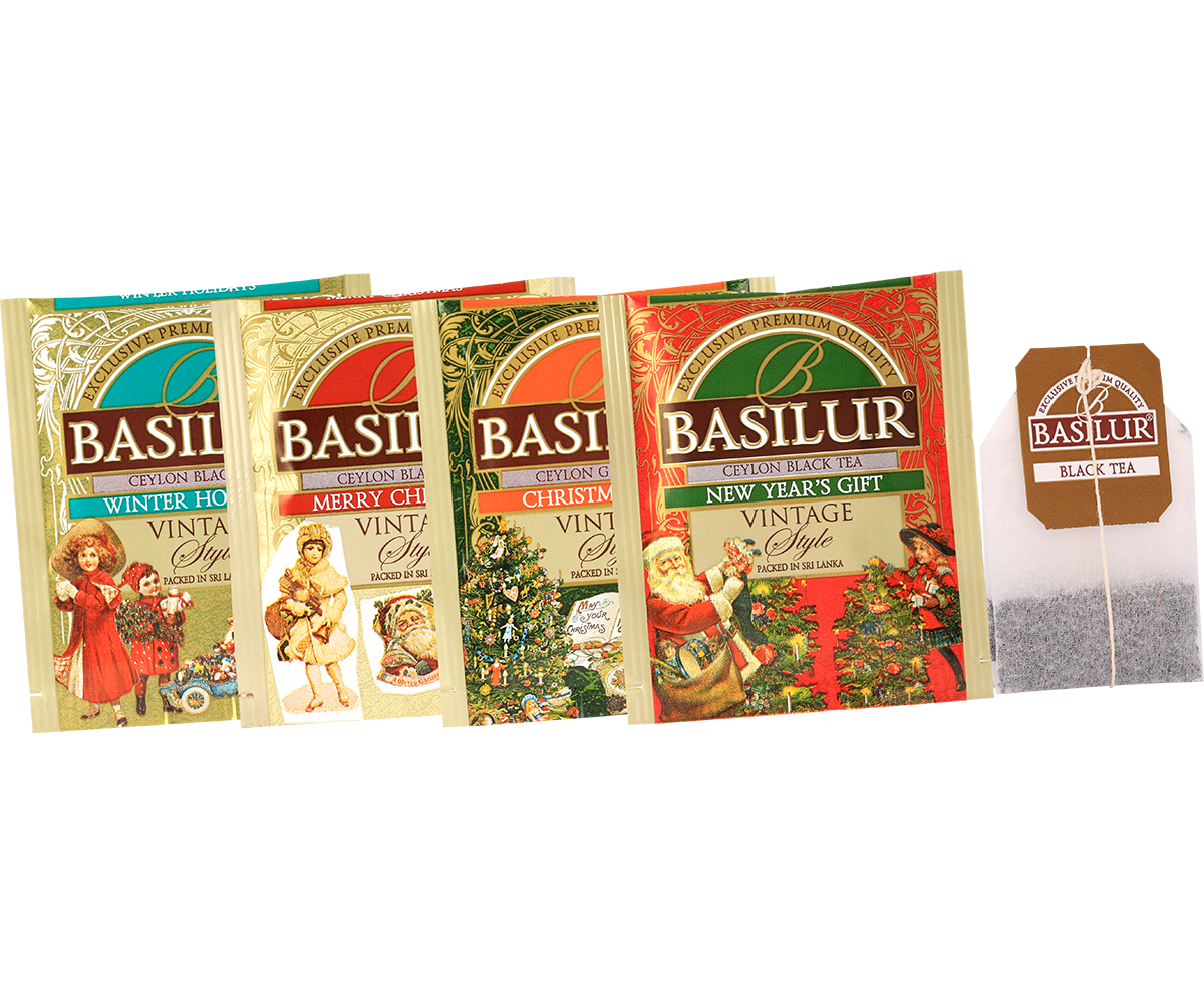 Zestaw świątecznych herbat Basilur Vintage Style w kolorowych saszetkach.