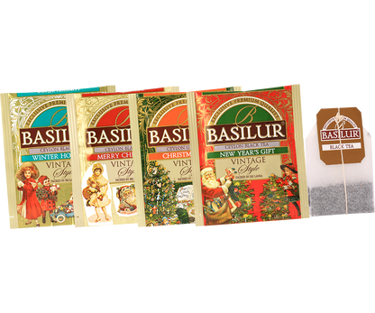 Zestaw świątecznych herbat Basilur Vintage Style w kolorowych saszetkach.