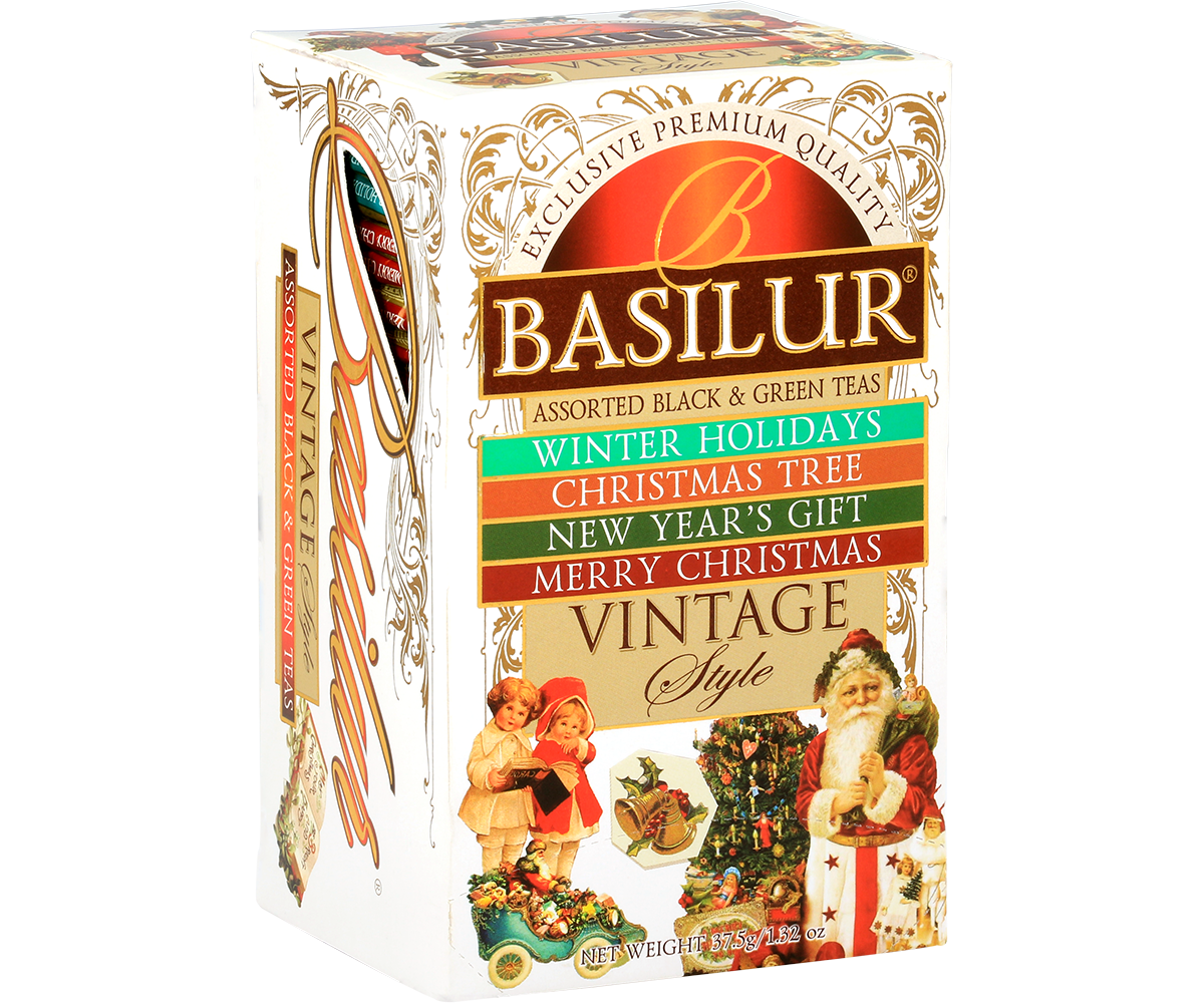 Opakowanie Basilur Vintage Style z motywem Świętego Mikołaja i napisem Vintage Style.