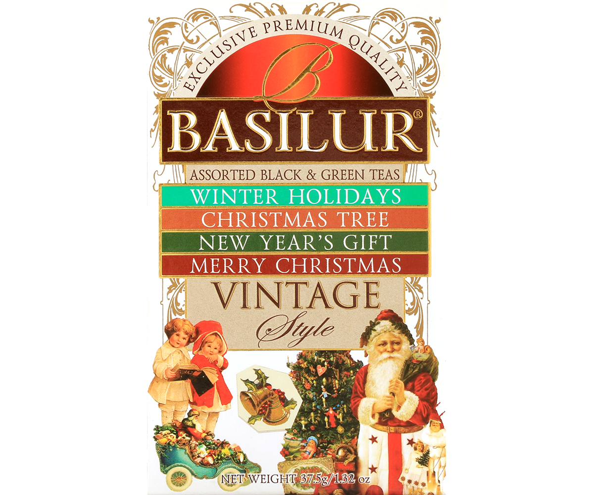 Front opakowania Basilur Vintage Style – zestaw herbat świątecznych 25 sztuk.