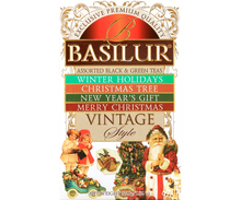 Front opakowania Basilur Vintage Style – zestaw herbat świątecznych 25 sztuk.