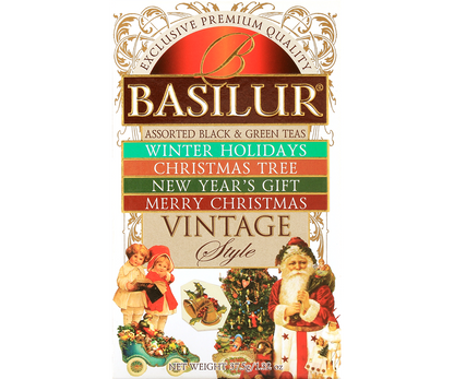 Front opakowania Basilur Vintage Style – zestaw herbat świątecznych 25 sztuk.