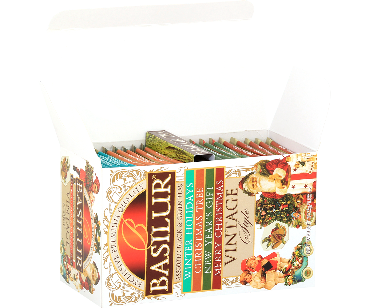 Otwarty zestaw herbat Basilur Vintage Style z widocznymi torebkami w środku.