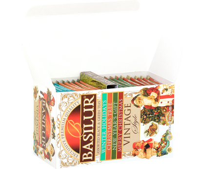 Otwarty zestaw herbat Basilur Vintage Style z widocznymi torebkami w środku.