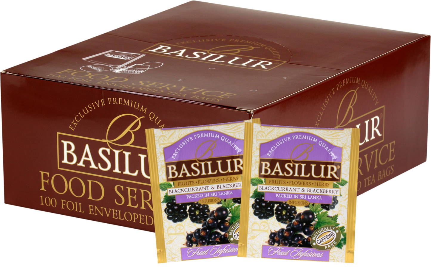 Saszetki herbaty Basilur Blackcurrant & Blackberry z czarną porzeczką i jeżyną, intensywny owocowy aromat.