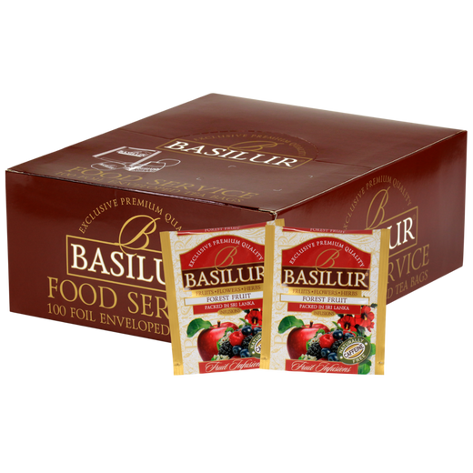 Opakowanie Basilur Forest Fruit 100 kopert, herbata owocowa z malinami i jeżynami.