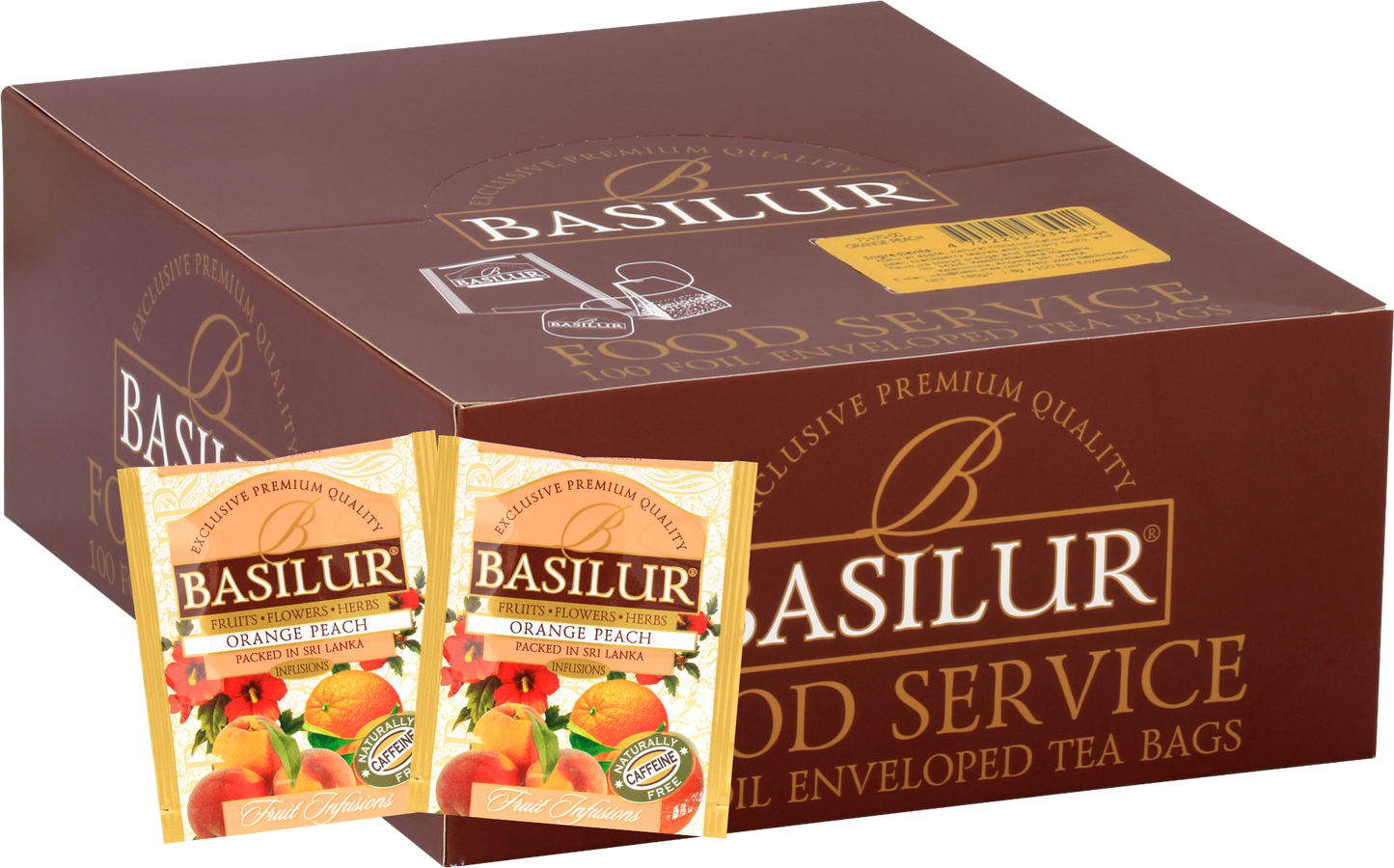 Opakowanie Basilur Orange Peach 100 kopert, herbata owocowa z pomarańczą i brzoskwinią.