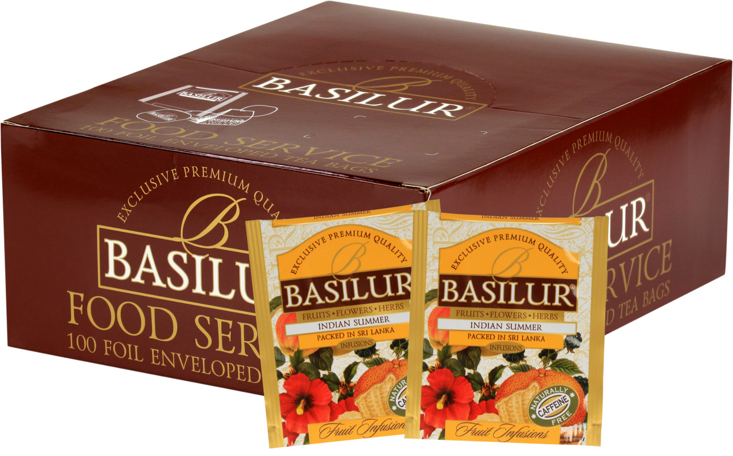 Opakowanie Basilur Indian Summer 100 kopert, herbata owocowa bez kofeiny.