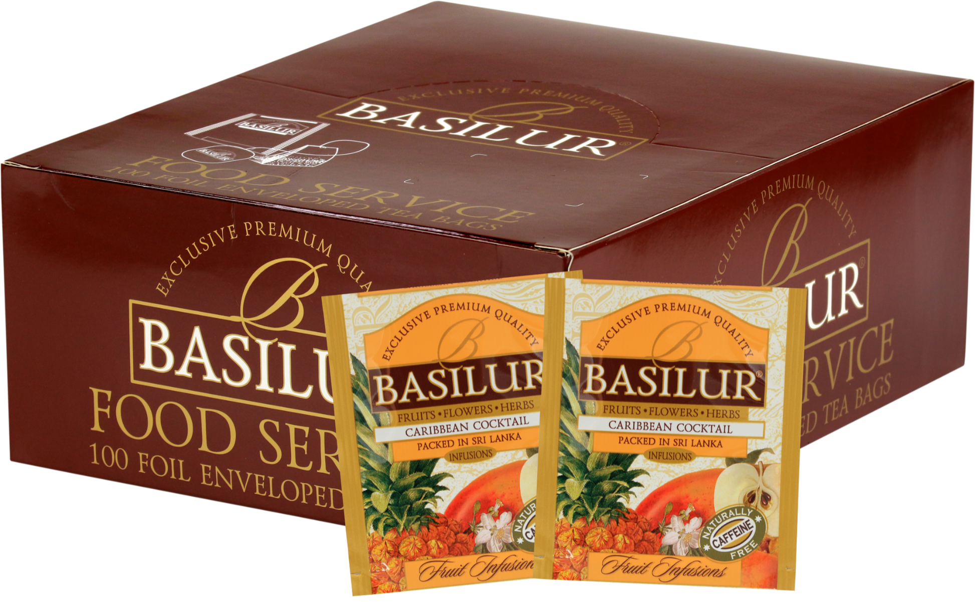 Opakowanie Basilur Caribbean Cocktail 100 kopert, herbata owocowa o tropikalnym aromacie.