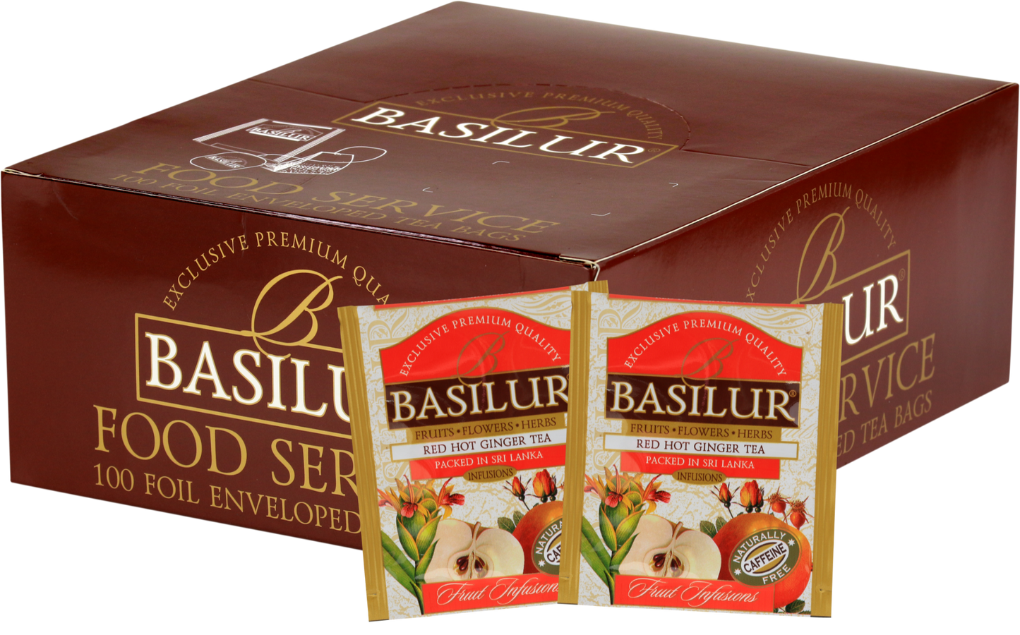 Saszetki herbaty Basilur Red Hot Ginger, aromatyczna mieszanka z imbirem bez kofeiny.