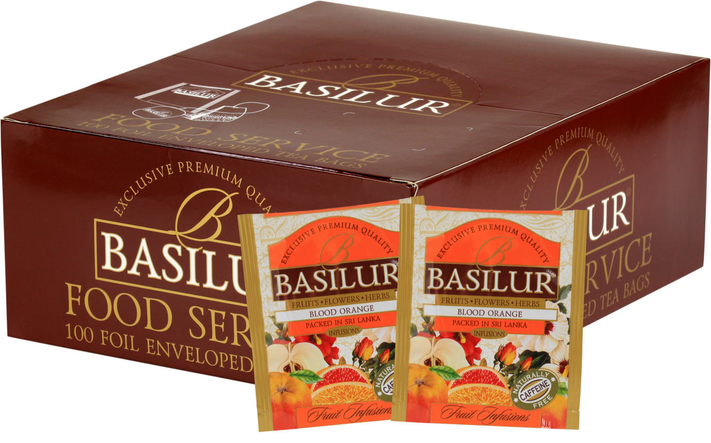 Herbata owocowa Basilur Blood Orange w kopertach 100 x 1,8 g w kartonowym opakowaniu, aromatyczna i bezkofeinowa.