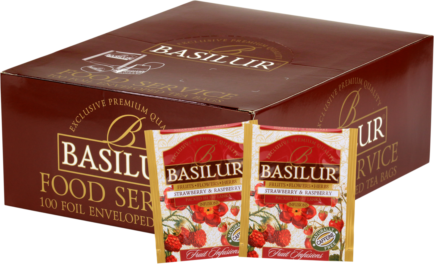 Herbata owocowa Basilur Strawberry & Raspberry w kopertach 100 x 1,8 g w eleganckim kartonowym opakowaniu.