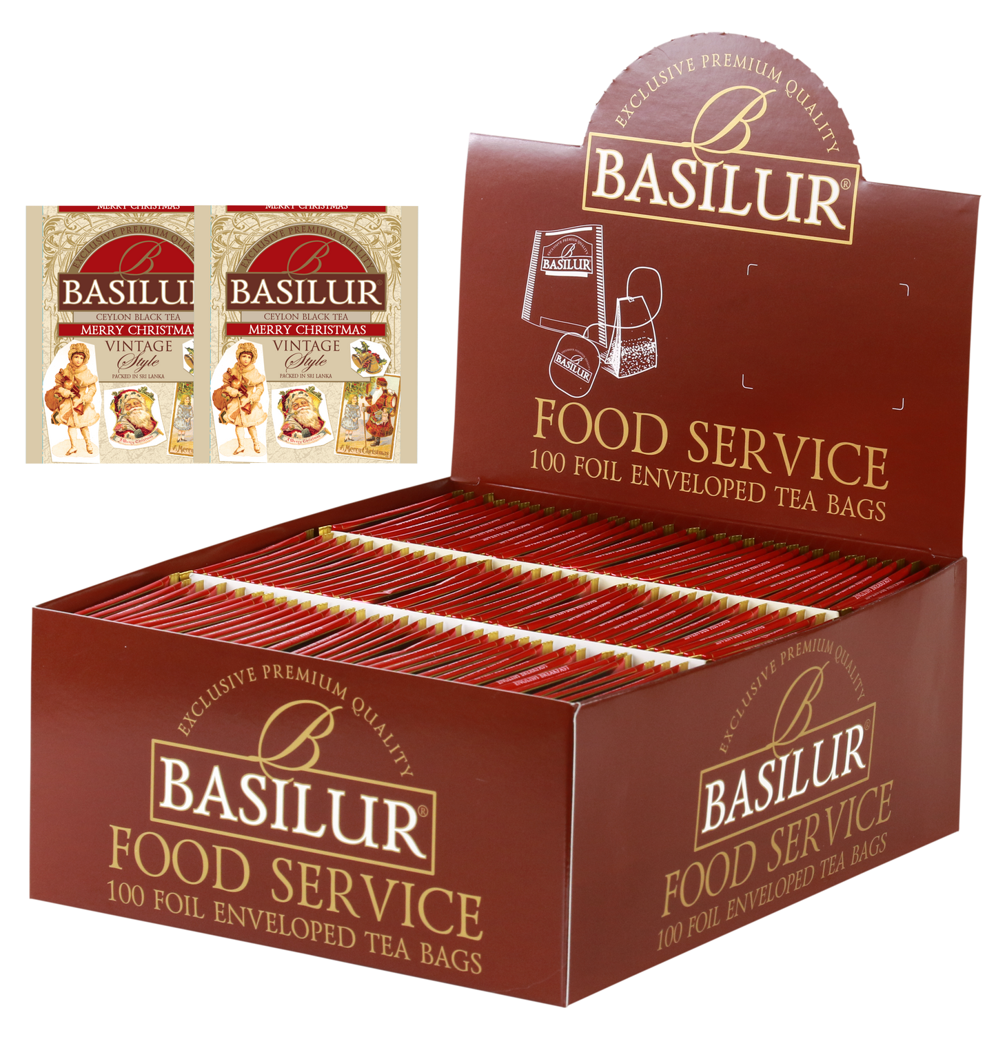Herbata Basilur Merry Christmas 100 x 2 g w opakowaniu Food Service z torebkami w ozdobnych kopertach.
