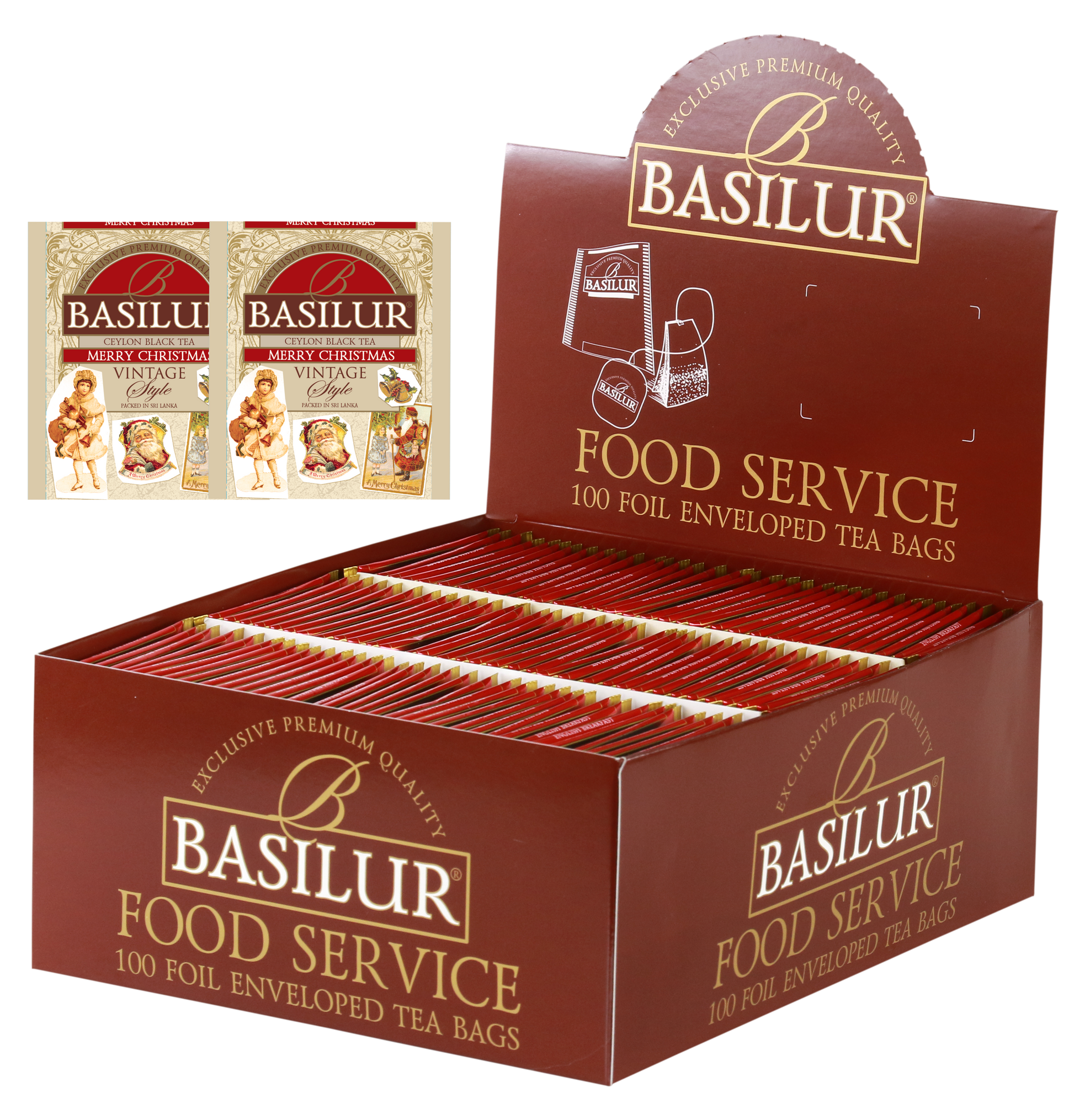 Herbata Basilur Merry Christmas 100 x 2 g w opakowaniu Food Service z torebkami w ozdobnych kopertach.
