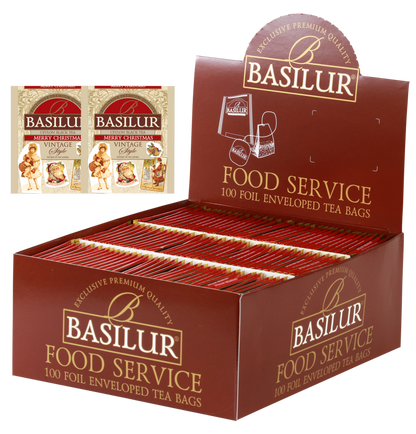 Herbata Basilur Merry Christmas 100 x 2 g w opakowaniu Food Service z torebkami w ozdobnych kopertach.