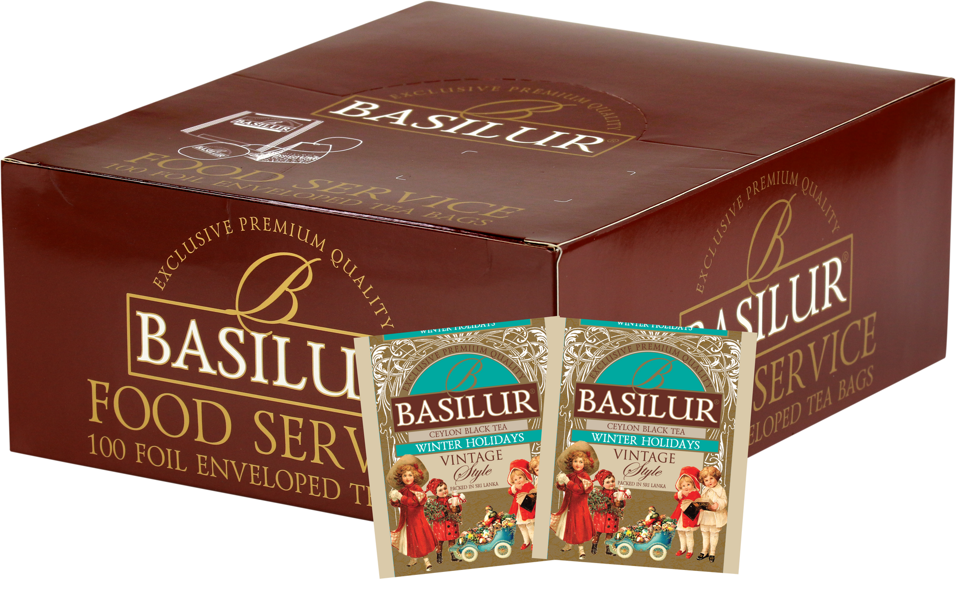 Zestaw Basilur Winter Holiday – 100 torebek czarnej herbaty cejlońskiej w świątecznym opakowaniu.