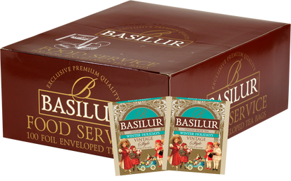 Zestaw Basilur Winter Holiday – 100 torebek czarnej herbaty cejlońskiej w świątecznym opakowaniu.